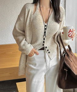 Liv at Wool Loose-fit Robe Cardigan + Bustier Knitwear Halterneck Sleeveless Two-Piece Set
