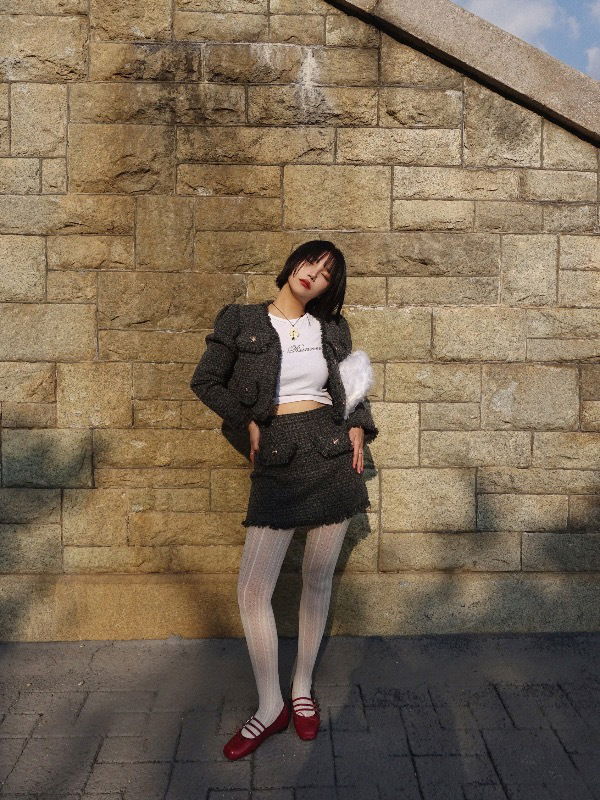 ︎ONLY VIVIC ︎GOLDY TWEED PUFF CROP JACKET SKIRT SET