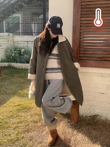 毛絨質感捲邊羊毛寬鬆軍裝羽絨外套