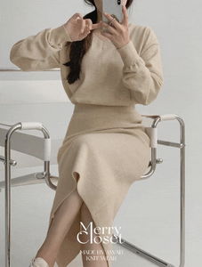MerryCloset.Latte Knitwear Long Skirt
