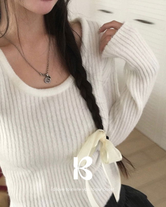 棉花糖羅紋U領寬肩長袖針織上衣