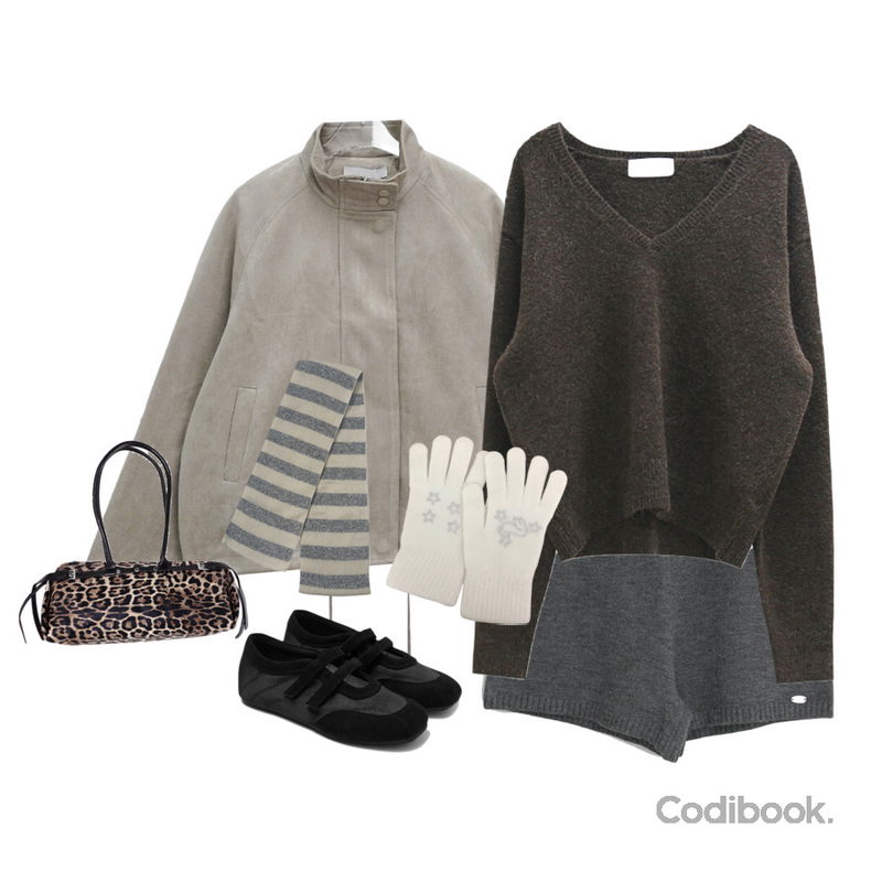 CHAAKAN 쉐라 벨크로 스니커즈 SNFBR1h169,binary01 트레잇 하이넥 스웨이드 점퍼,Qnigirls 바믄#밴딩니트숏팬츠등을 매치한 코디