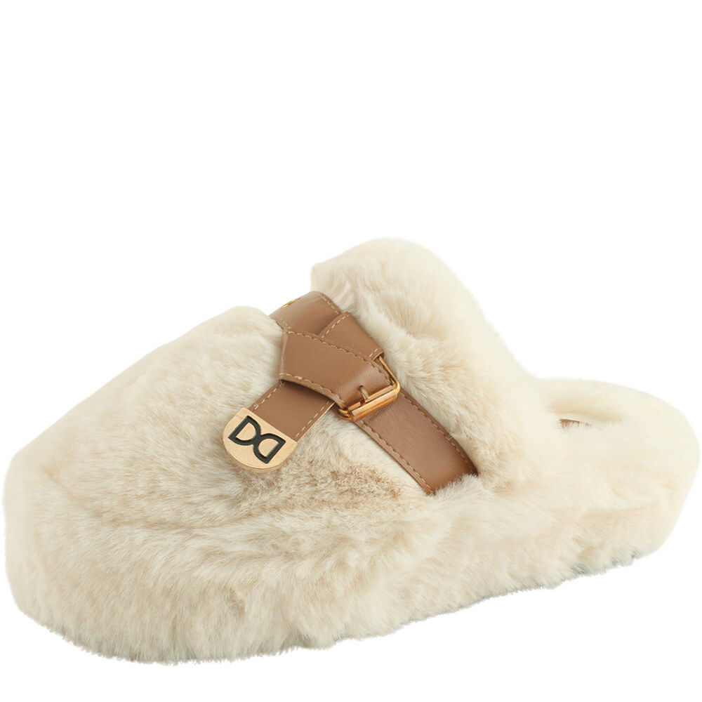 Trendy buckle strap winter boots with fur slippers in beige