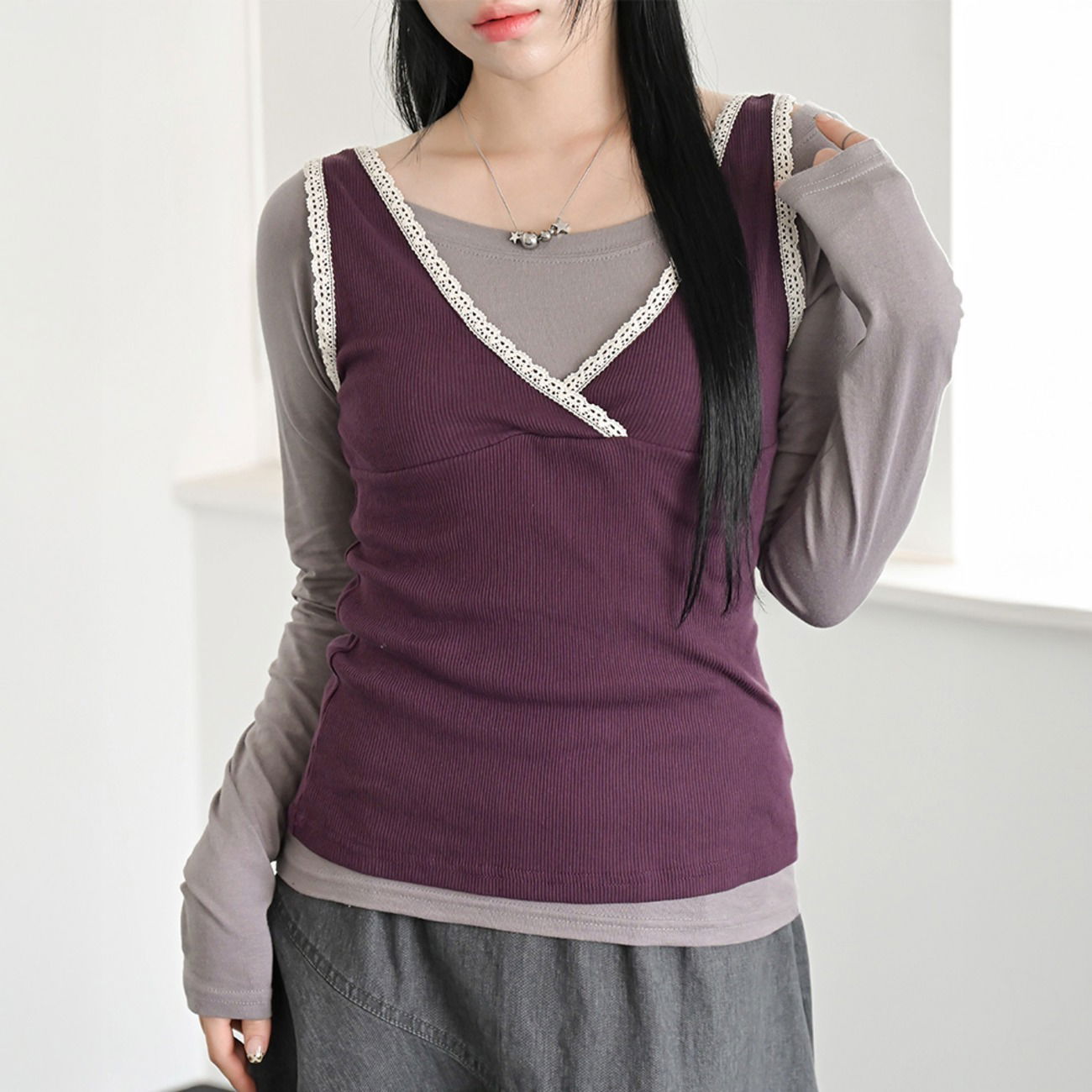 質感蕾絲交疊無袖上衣