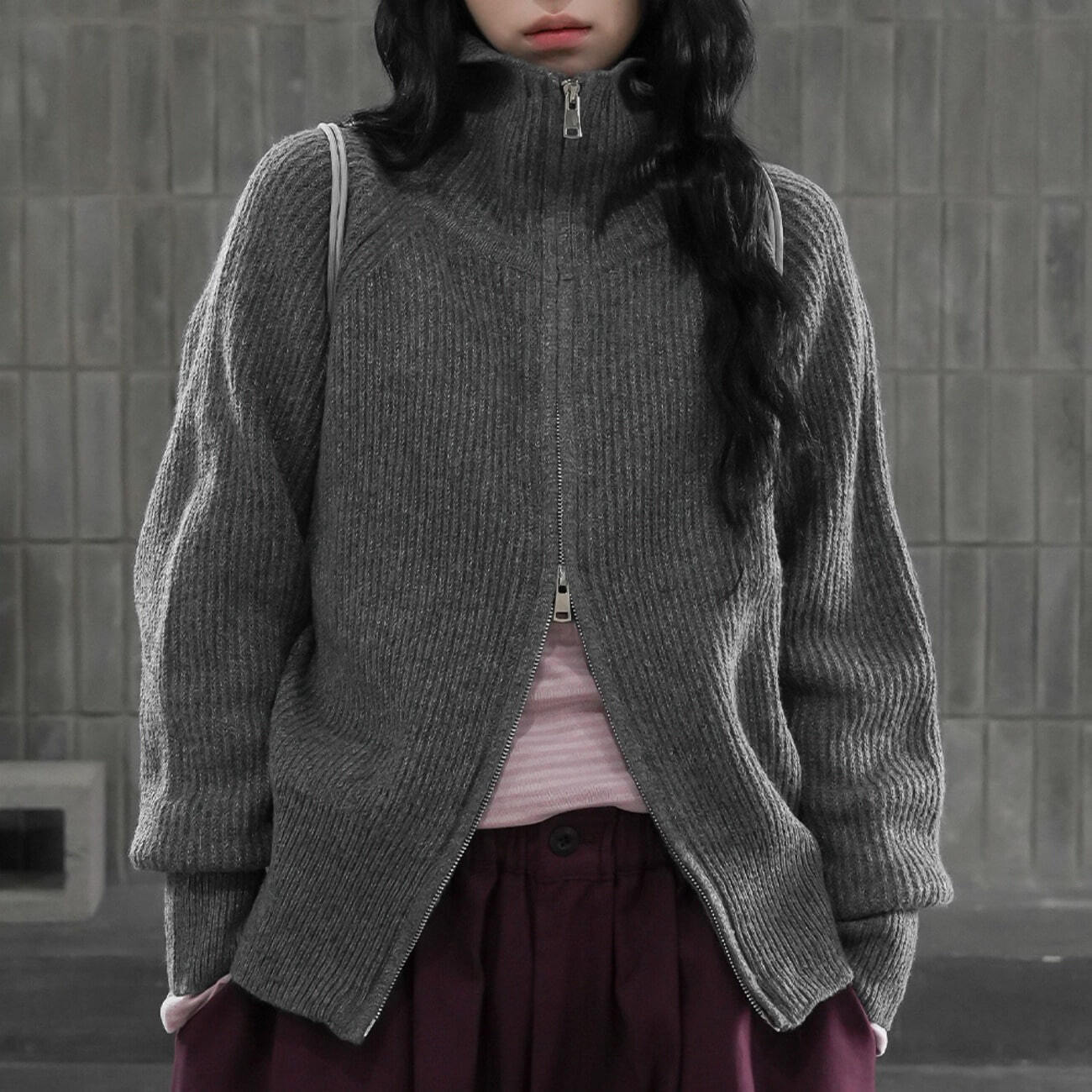 高領基本款針織拉鍊外套