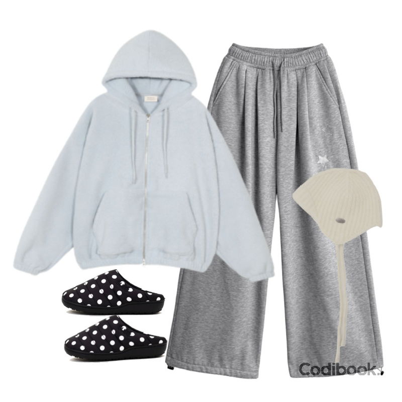 BEIDELLI 퍼피 뽀글이 투웨이 후리스 집업,wonderwonder 티쇼 펜던트 트루퍼 귀도리 니트 비니 모자,Loonough 더블 스타 자수 기모 핀턱 밴딩 와이드 벌룬 롱팬츠등을 매치한 코디