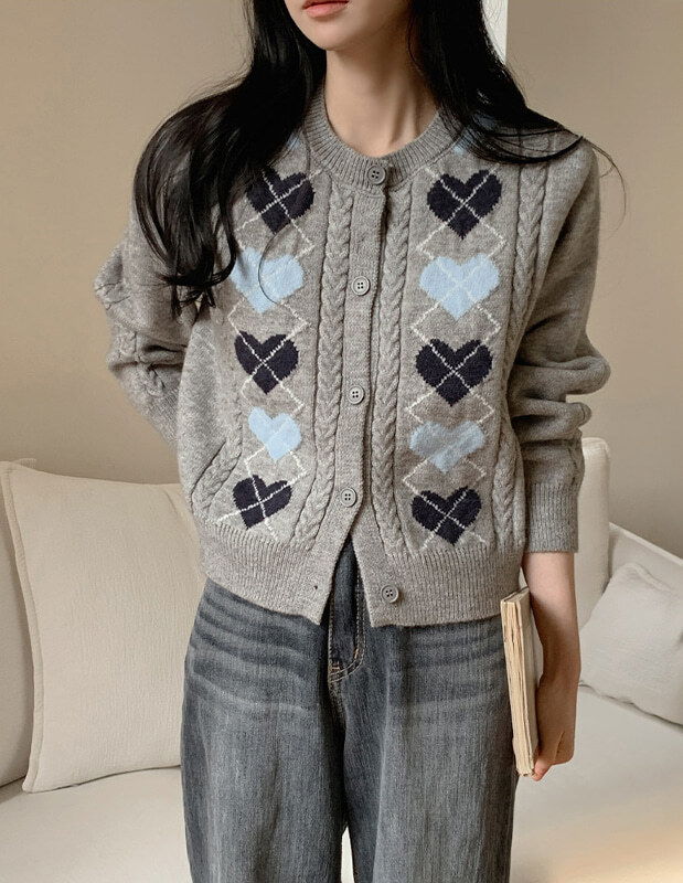 菱格紋圓領開襟羊毛衫