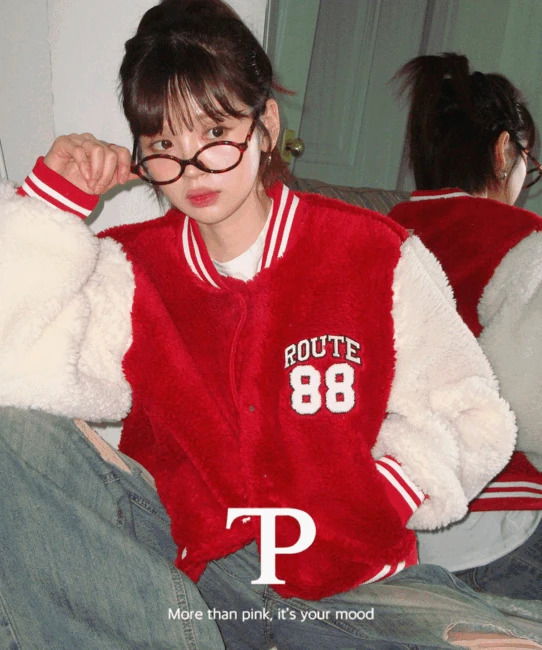 르제 루즈핏 자수 배색 뽀글이 양털 바시티 자켓 점퍼 (3color)