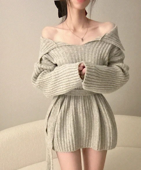 허리끈 오픈카라넥 오프숄더 니트 미니원피스 롱니트 3color