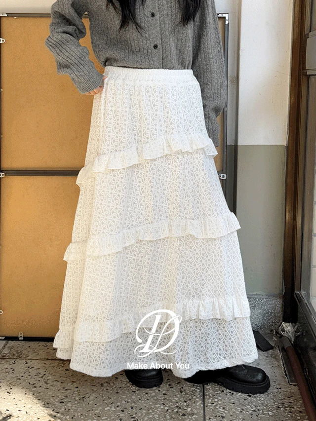빅사이즈 S_5XL 콤므 언발 프릴 플레어 기모 레이스 캉캉 밴딩 롱 스커트