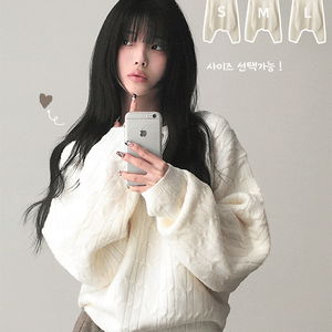 히누 울 꽈배기 포근 아방 라운드 세미 크롭 긴팔 니트 폭닥 도톰 긴팔 루즈핏 사이즈선택 체형커버 캐주얼 데일리