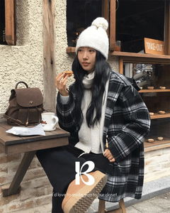 메터 체크 후드 더플 울코트