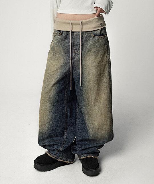 리드츄 배색 밴딩 스트링 절개 워싱 와이드 데님 팬츠 Contrast Banding String Panel Washed Wide Denim Pants