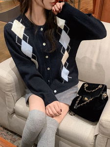 Cottage Wool Round Neck Argyle Knitwear Cardigan