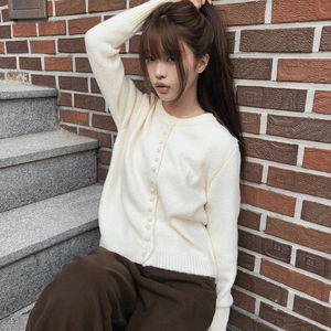 ルシャ豆ボタン長袖ラウンドネックカーディガン