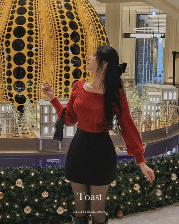 토스트 스퀘어넥 퍼프소매 시보리 세로골지 슬림핏 겨울 긴팔 니트