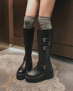 Revline Buckle Strap Zipper Block Heel Faux Leather Long Boots