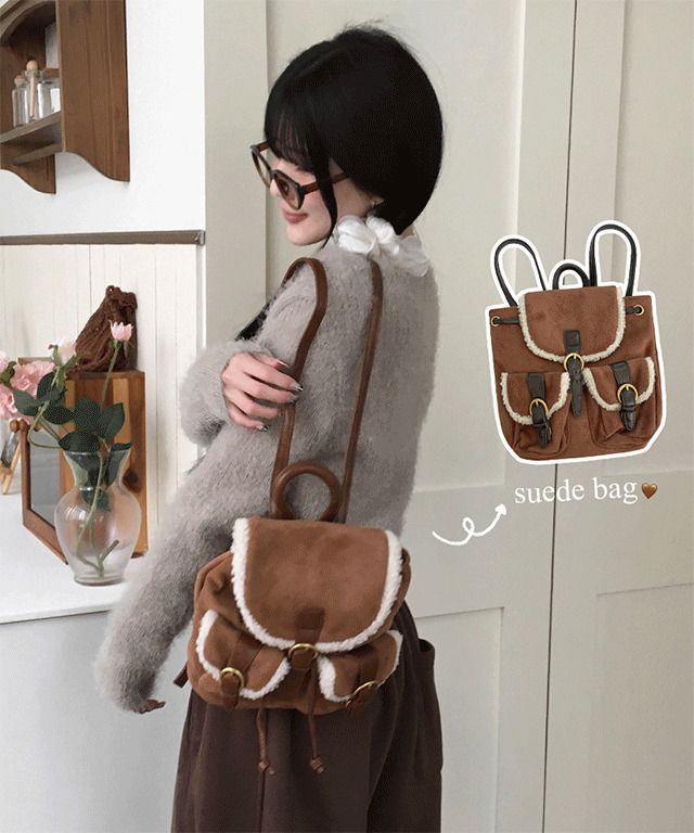 폴링 양털 덤블 스웨이드 투포켓 백팩 가방 무스탕 뽀글이 복조리 레더벨티드 버클 끈조절 겨울가방/겨울백팩