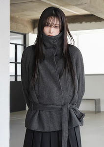 Cropped high-neck belted coat