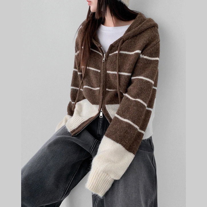 Dipping Stripe Hooded Two-Way Cardigan