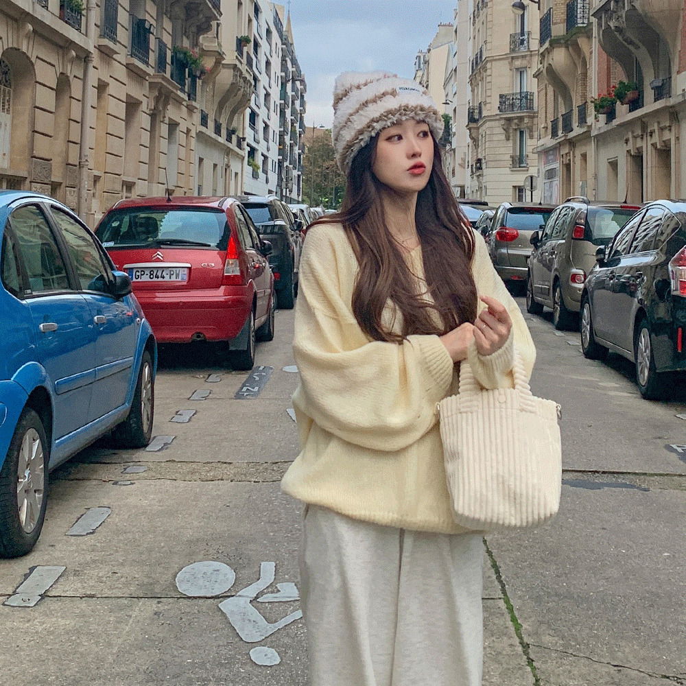 Loose fit Loose-fit V-Neck long sleeve long wool knitwear Dress mohair alpaca hatchi plain basic