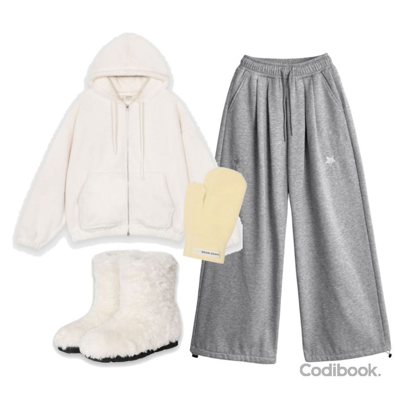 BEIDELLI 퍼피 뽀글이 투웨이 후리스 집업,BEIDELLI 뽀글 퍼 기모 앵클 어그 부츠,BEIDELLI 핸드메이드 벙어리 장갑등을 매치한 코디