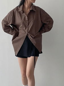 秋季休閒格紋寬鬆長袖襯衫