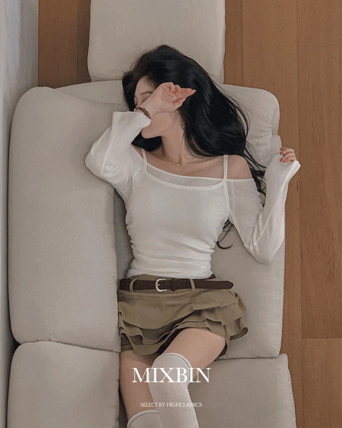 露肩透膚方領雙層腰身兩穿針織背心套裝