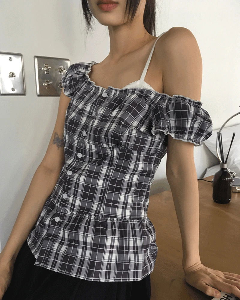 Benha Check Puff Frill Sleeveless Blouse