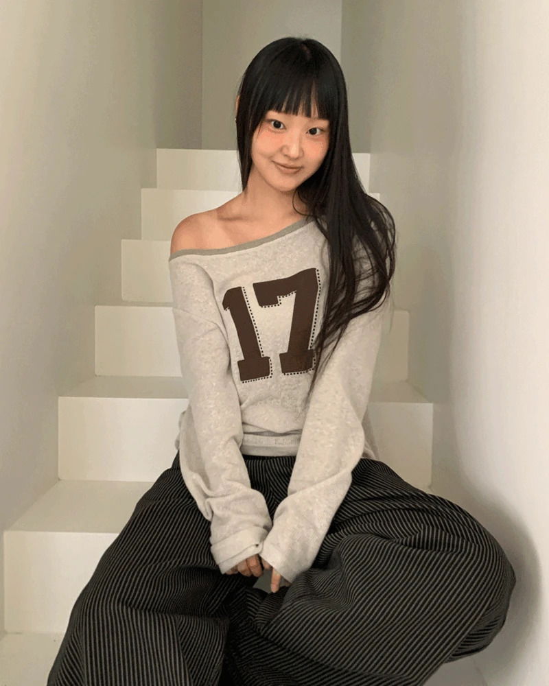 Elun Number Print One-Off Shoulder See-Through Long-Sleeve Knitwear