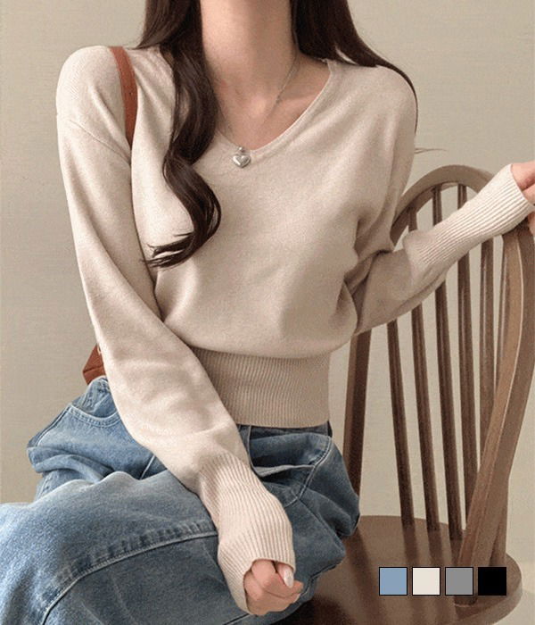 簡約基本下擺羅紋V領針織上衣