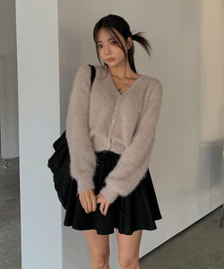 Asha Pine Needle Fur V V-Neck Loose-fit A-Line Cardigan