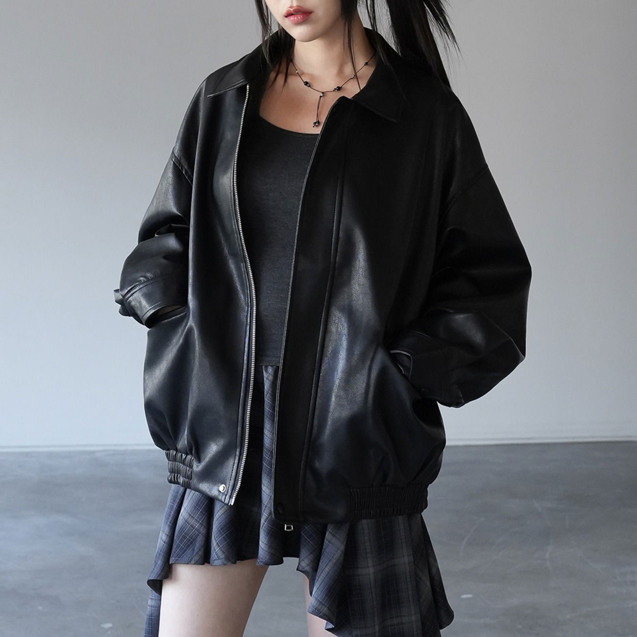 鬆身立領拉鍊皮革外套