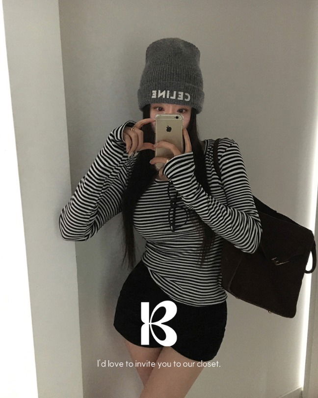 細條紋短版設計長袖上衣