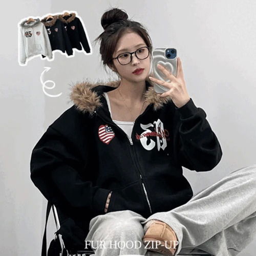 刷毛愛心印花寬鬆連帽外套