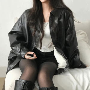 寬鬆絨毛拼接皮革外套