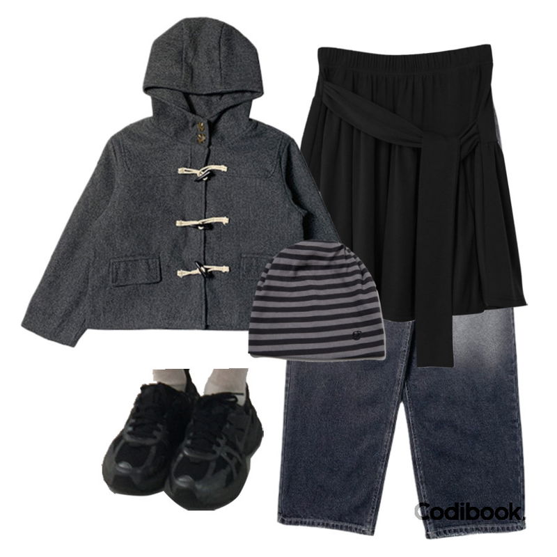 binary01 엘럿 타이 랩 미디스커트,SOMEPLACE 심볼 로고 포인트 스트라이프 비니_2COLOR,anyonemore 콘시 더플 떡볶이 후드 숏 코트 (3color)등을 매치한 코디