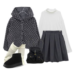 점퍼,긴팔티,스커트,레그워머,어그부츠,백팩,겨울,데일리 코디