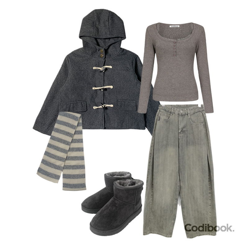 ondeed 듀임 스트라이프 워싱 핀턱 롱 와이드 데님 팬츠,Cozy&Kitsch 보스턴 스트라이프 레이어드 티셔츠,anyonemore 벤자 어그 양털 숏 부츠 (5color)등을 매치한 코디