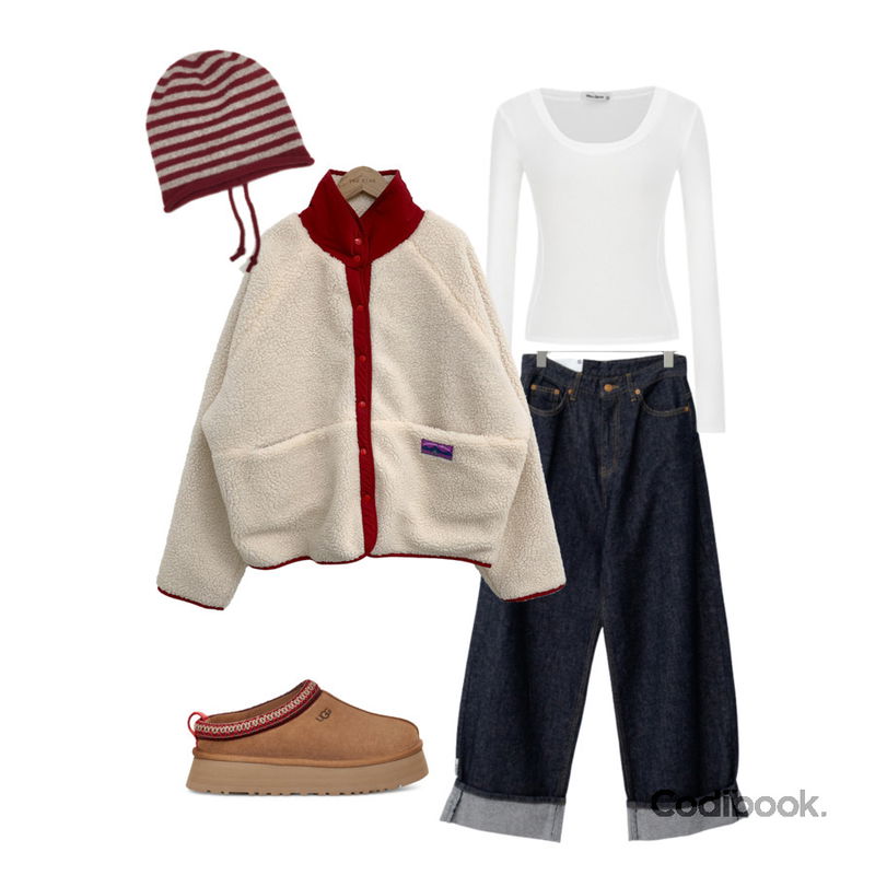 E-PICK 롤업 논페이드 데님,E-PICK 노브 베이직 탄탄 티셔츠,DUGGY 콤마 스트라이프 비니 (4color) *전 컬러 당일 발송 가능등을 매치한 코디