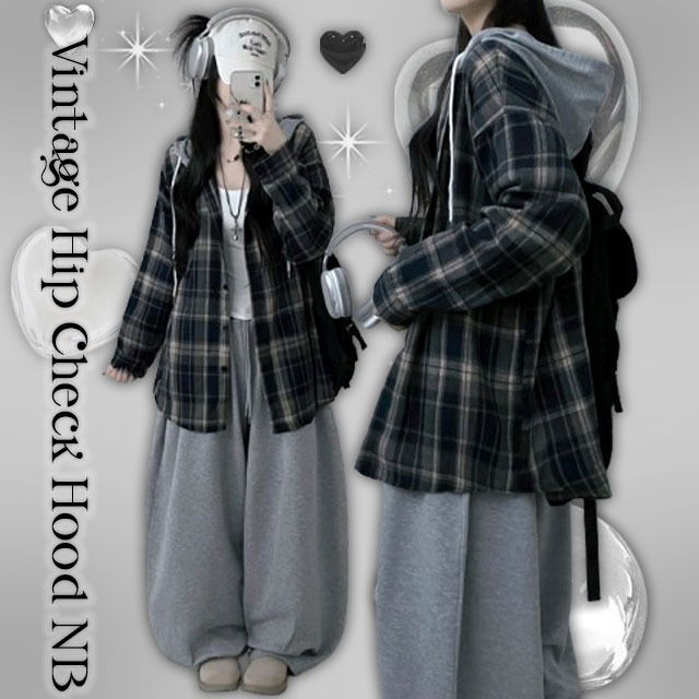 Vintage check color block hooded oversized shirt for Shirt 衬衫