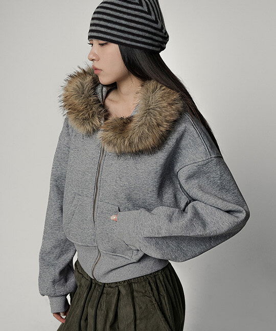 퍼후채 기모 크롭 퍼 후드 집업 Fleece Crop Fur Hood Zip-Up