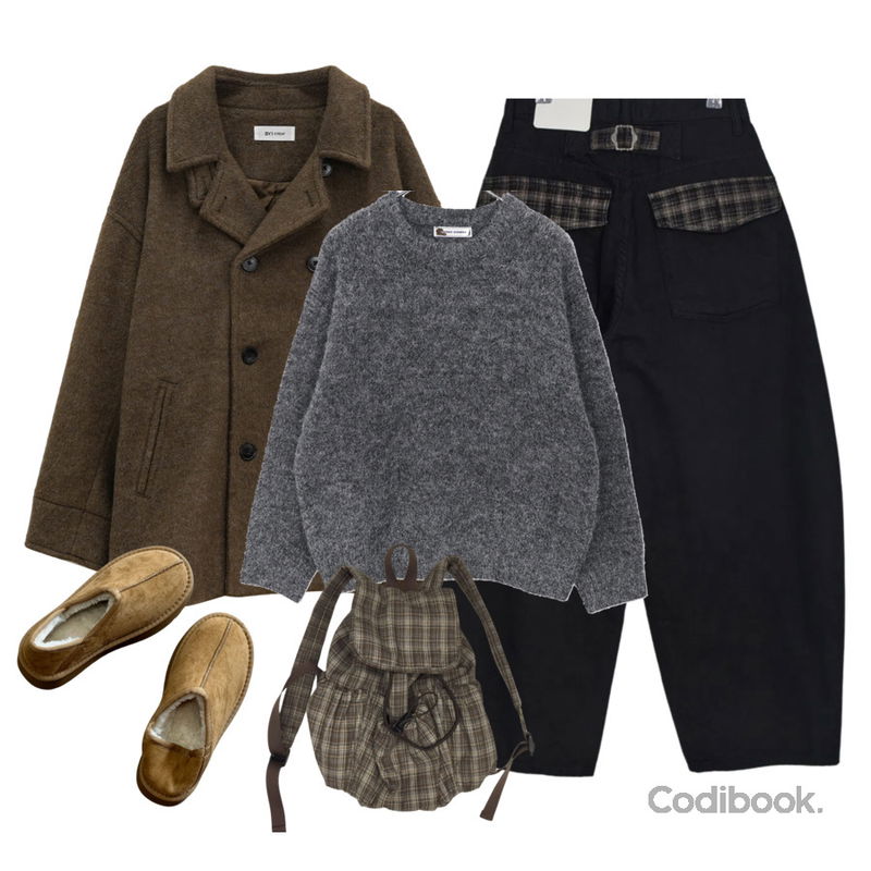 DUGGY 너티 체크 백팩 (2color),DUGGY 니로 폴딩 어그 슬립온 (1color) *245, 250 사이즈 당일 발송 가능,binary01 모니크 울 더블코트등을 매치한 코디