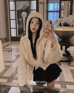 Heart Cozy Oversized Hooded Two-Way Zipper Shibori A-Line Fit Loose-fit Twisted Knitwear Zip-Up Cardigan