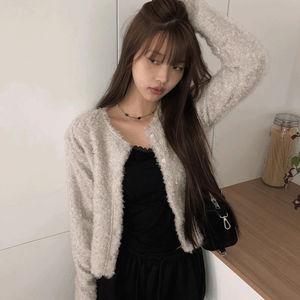 リツーボタンクルーネックファーカーディガン