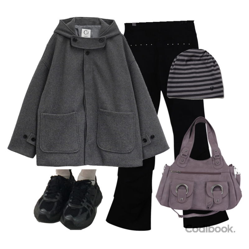 wonderwonder 크랜 빈티지 포켓 레더 숄더백,wonderwonder 자후 스터드 셔링 부츠컷 코튼 롱 팬츠,binary01 로베이 울 후드코트등을 매치한 코디