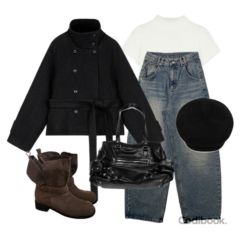 DUGGY 스터드 폴딩 스웨이드 부츠 (2color),wonderwonder 트미 스터드 아일렛 지퍼 가죽 숄더백,anyonemore 볼링 밑단 스냅 와이드 워싱 데님 팬츠 (2color)등을 매치한 코디