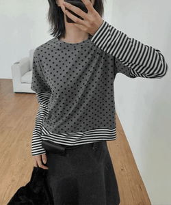 네즌 레이어 도트 스트라이프 긴소매 티셔츠
