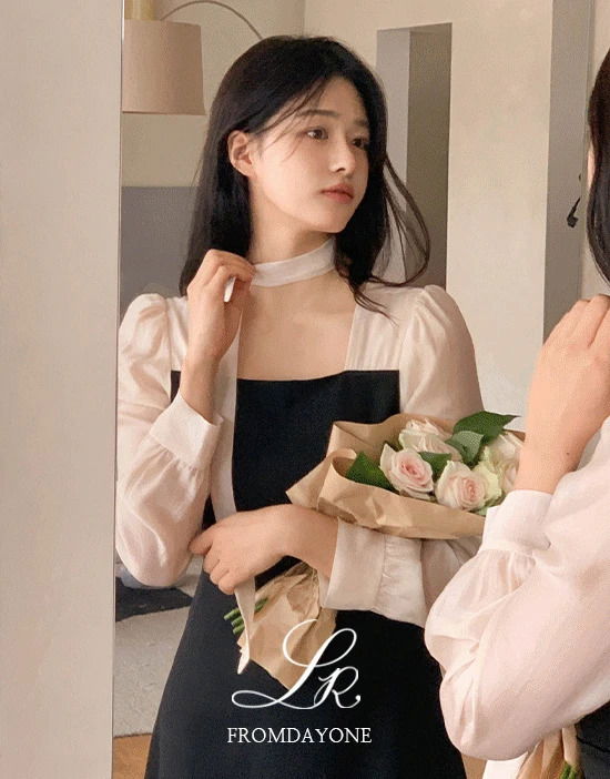 Made)優雅薰衣草色立領拼接長版洋裝