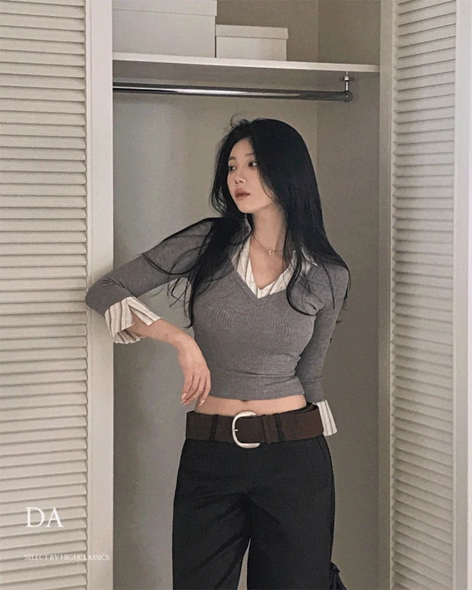 ディエーストライプシャツカラーVネックレイヤード縦リブセミクロップ七分袖Tシャツ